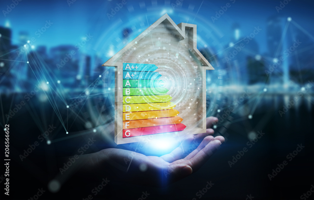 Businesswoman using 3D rendering energy rating chart in a wooden house