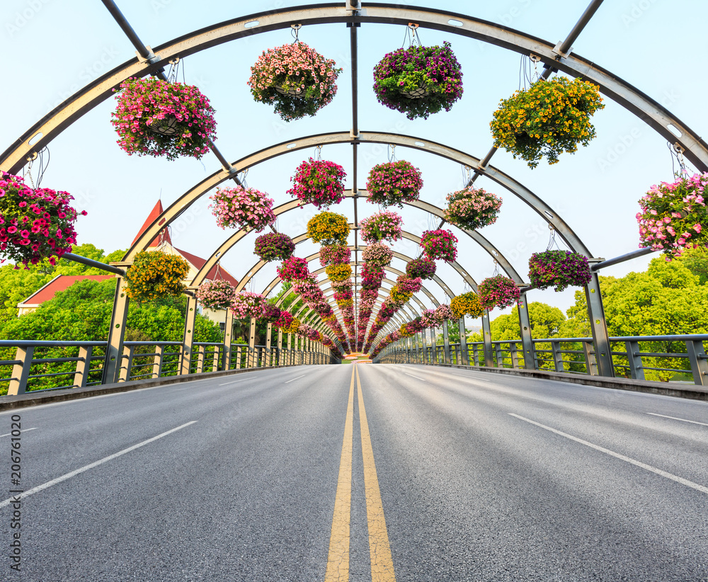 沥青路和拱形牵牛花隧道