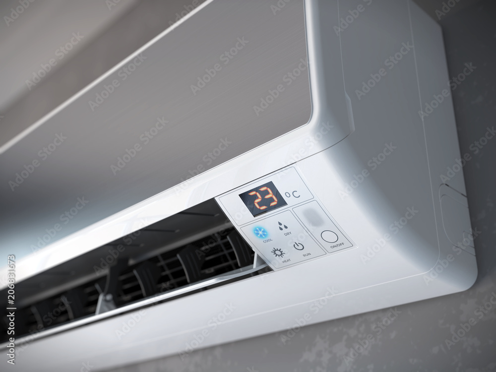 Closeup of split air conditioner on a gray wall. 3d rendering