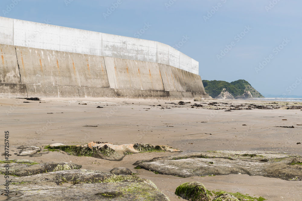 海边的高混凝土墙，用于保护海啸巨浪