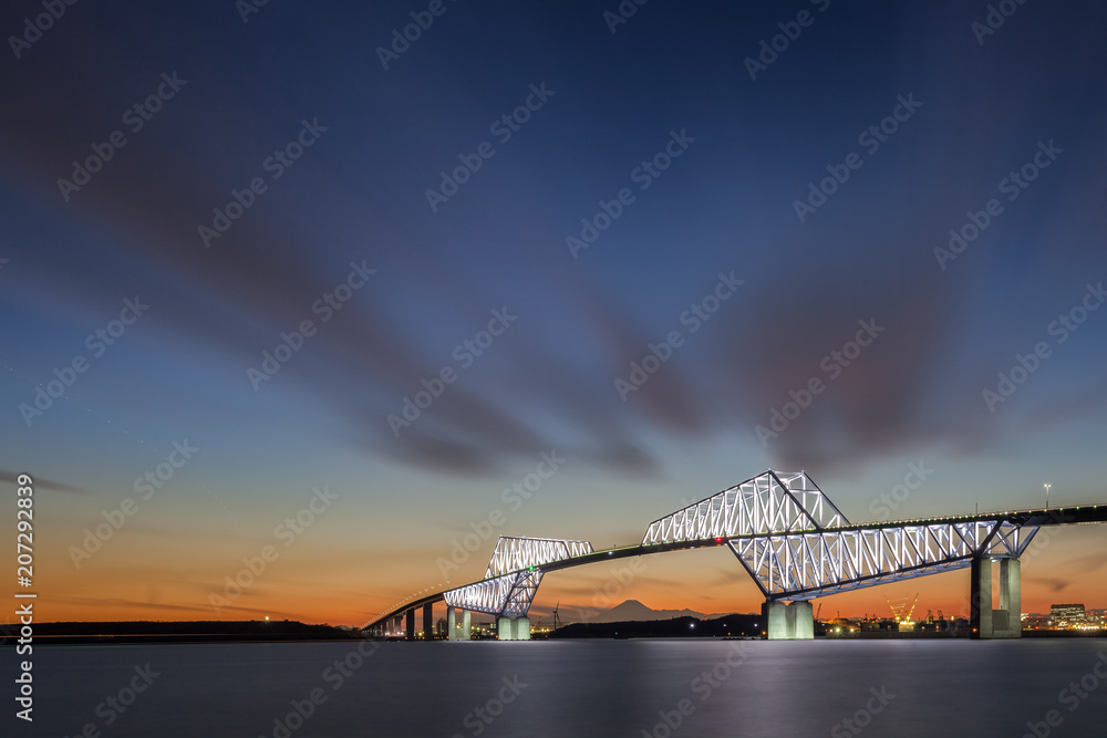 Tokyo gate bridge and Mt.Fuji at beautiful sunset in winter