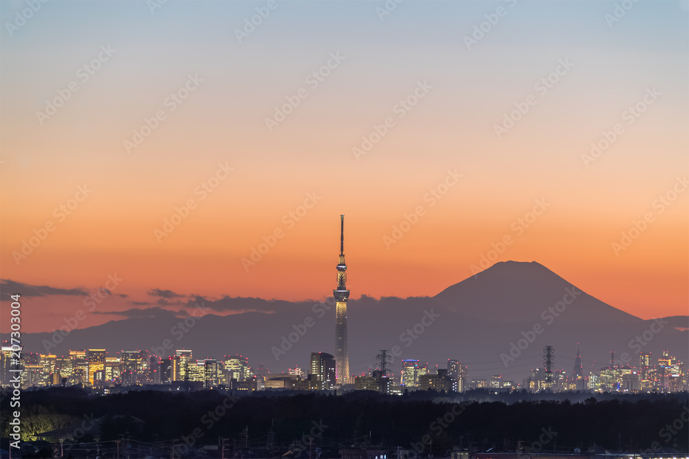 冬季黄昏时分的东京天树和富士山。