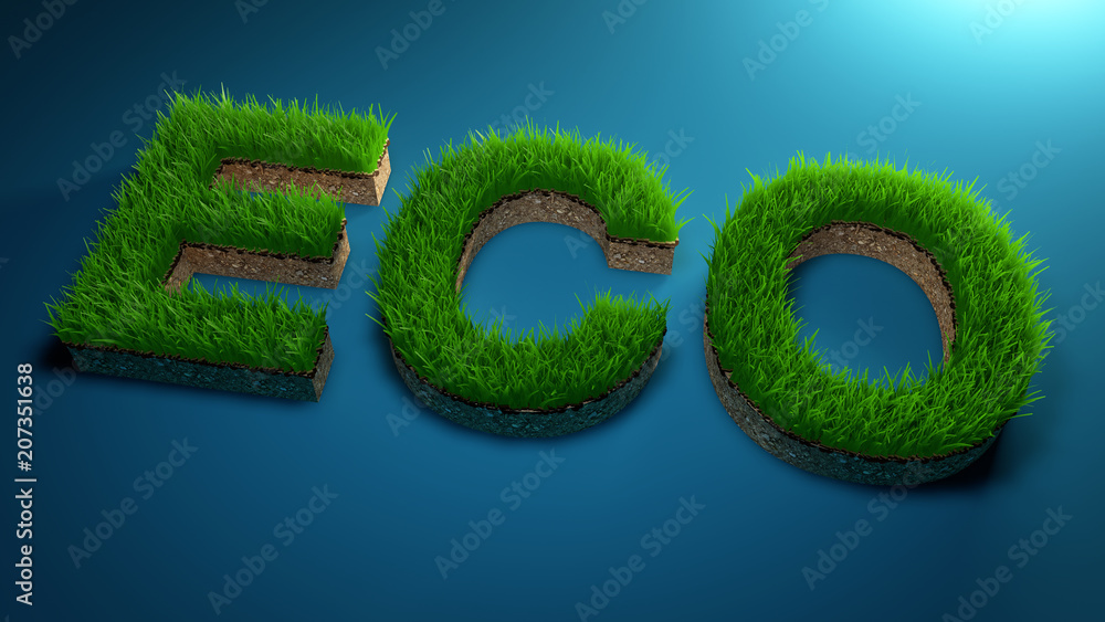 3D rendering Eco word made of green grass on gradient blue background . Save the Earth concept .