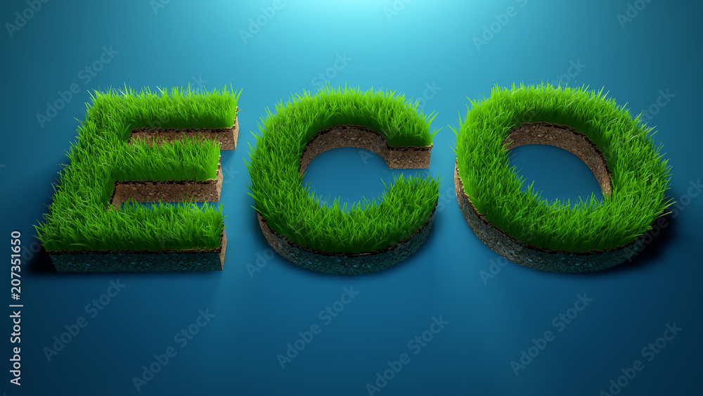 3D rendering Eco word made of green grass on gradient blue background . Save the Earth concept .