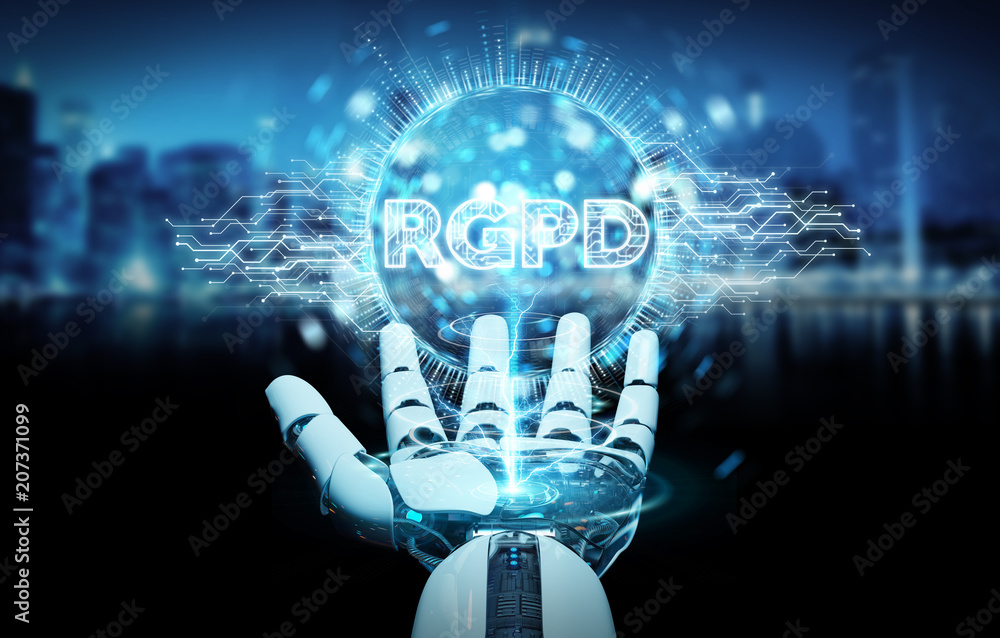 White cyborg hand using digital GDPR interface 3D rendering