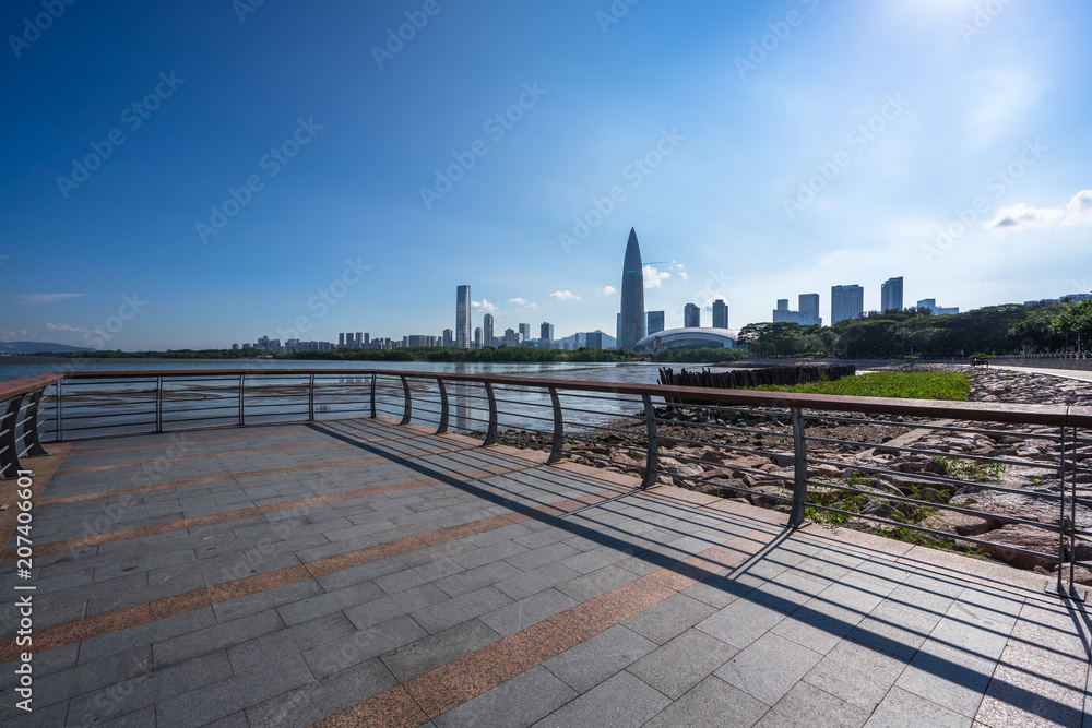 city skyline with empty square