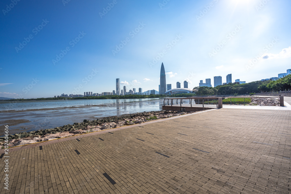 city skyline with empty square