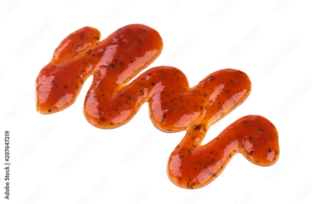 Spilled sauce. Red salad dressing isolated on white background. Top view