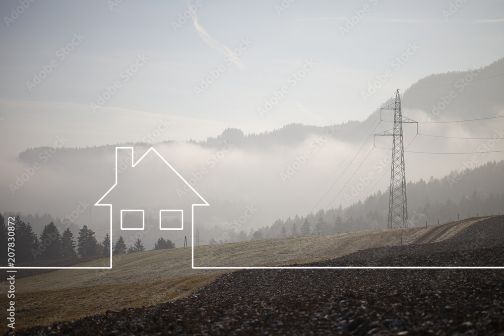 以电力为背景，阳光明媚的乡村景观上的概念清洁能源生态住宅图标