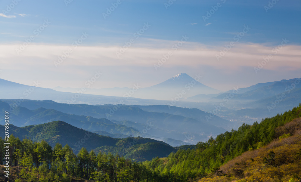 春天的富士山晨雾蒙蒙