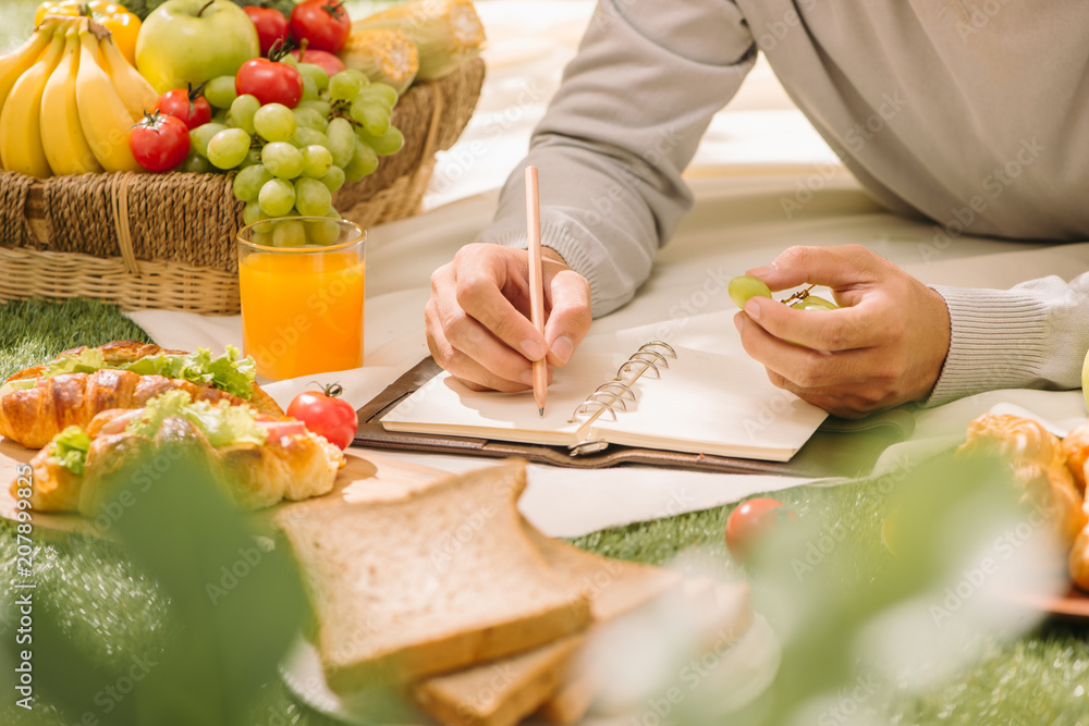 Picnic wicker basket with food, bread, fruit and orange juice on a red and white checked cloth in th