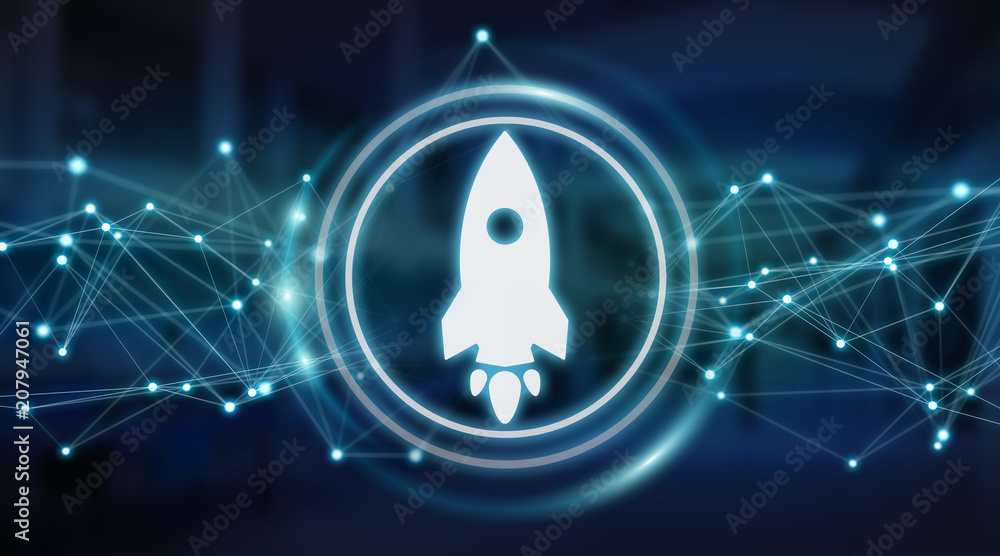 Startup rocket digital interface 3D rendering