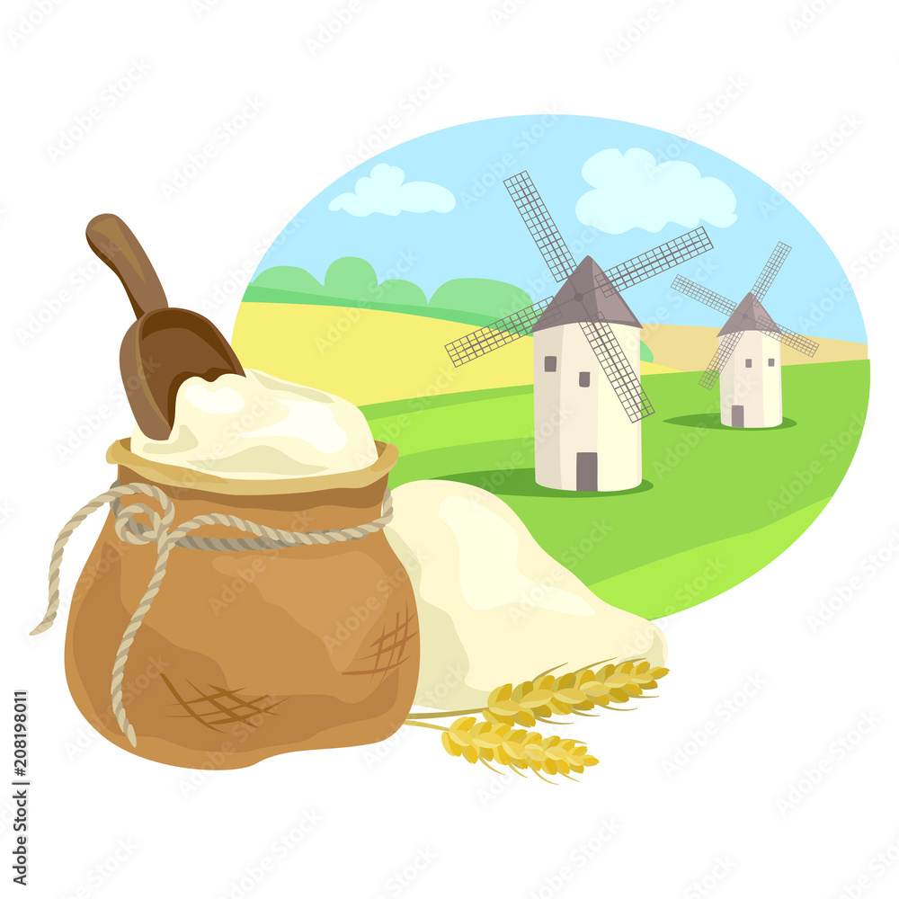 flour sack and rural field with mills