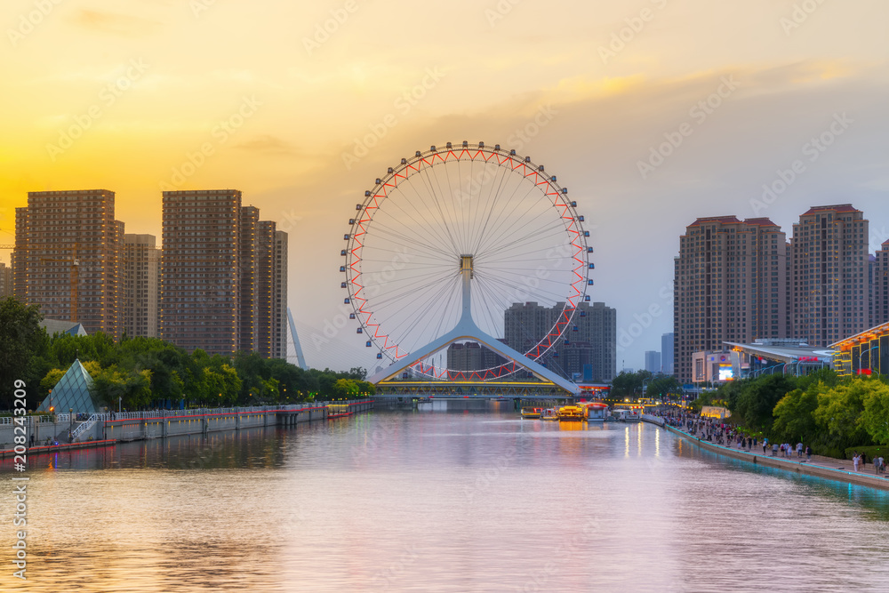 中国天津美丽的城市夜景建筑景观