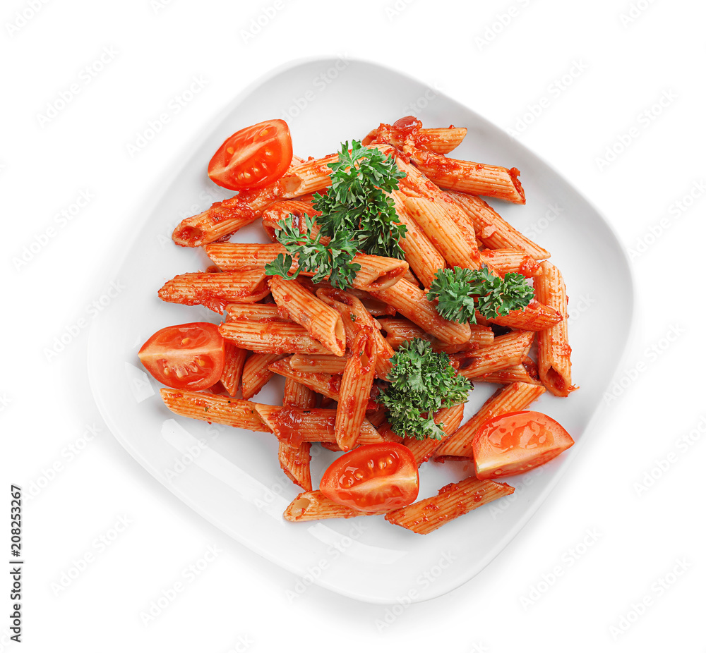 Plate of tasty penne pasta with tomato sauce on white background