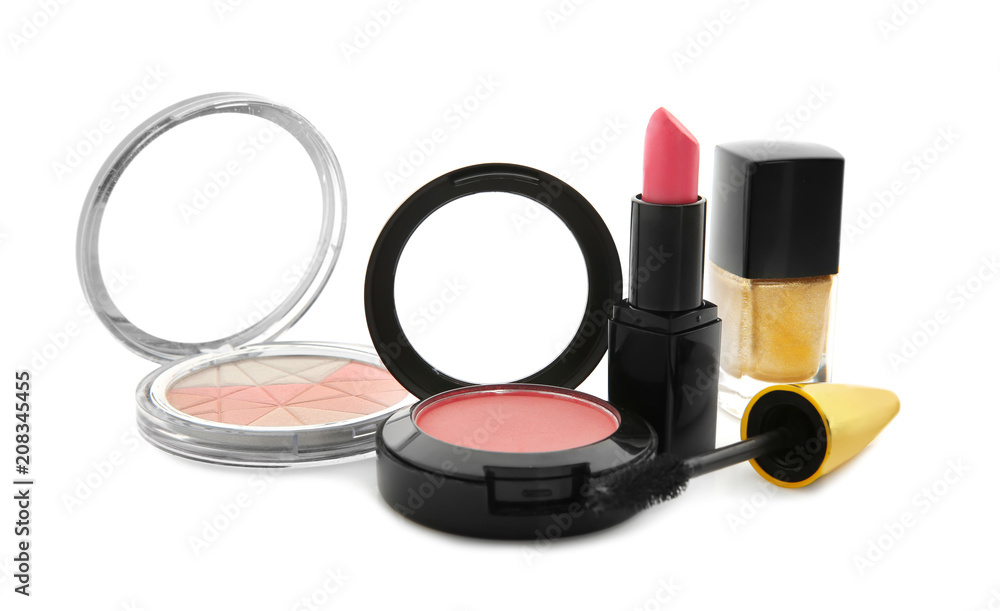 Decorative cosmetics on white background