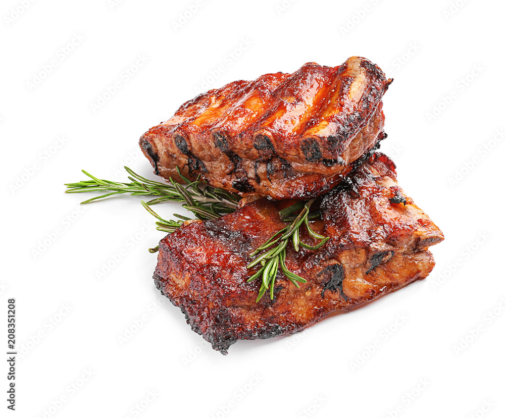 Delicious grilled ribs on white background