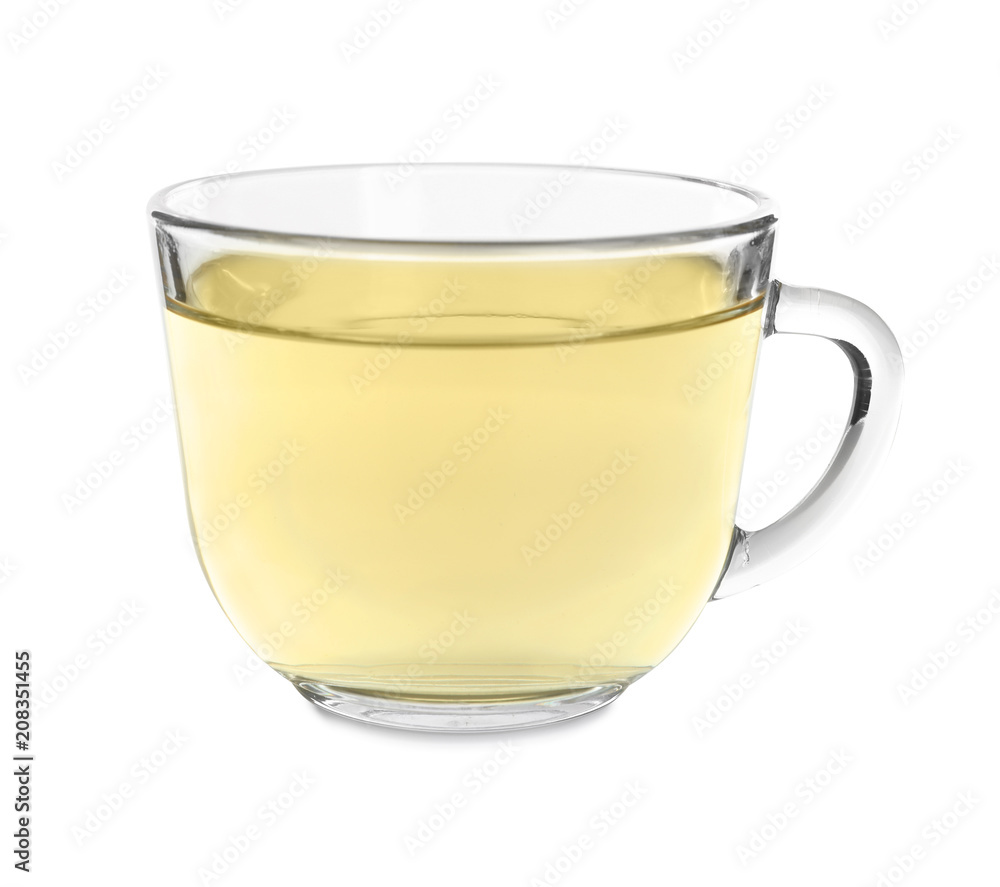 Glass cup of hot tea on white background