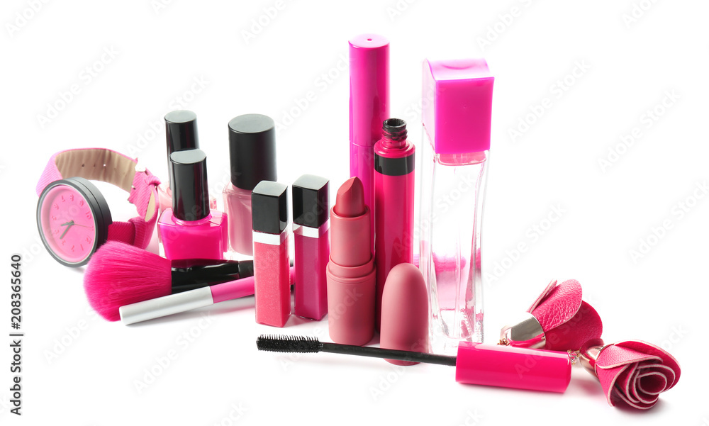 Set of decorative cosmetics and accessories on white background