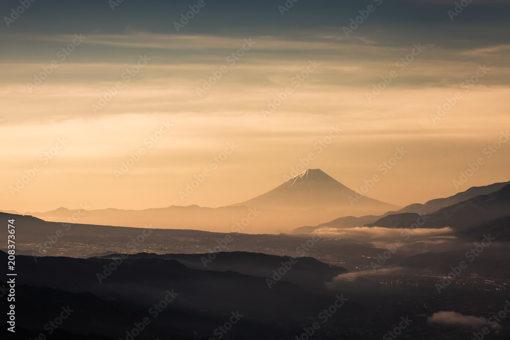 Mountain Fuji with morning mist in spring season