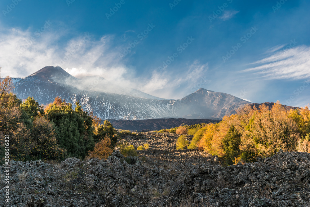 西西里岛埃特纳火山东侧视图；背景是东南火山口，位于
1325633469,好奇迷人的家伙。黑色背景。