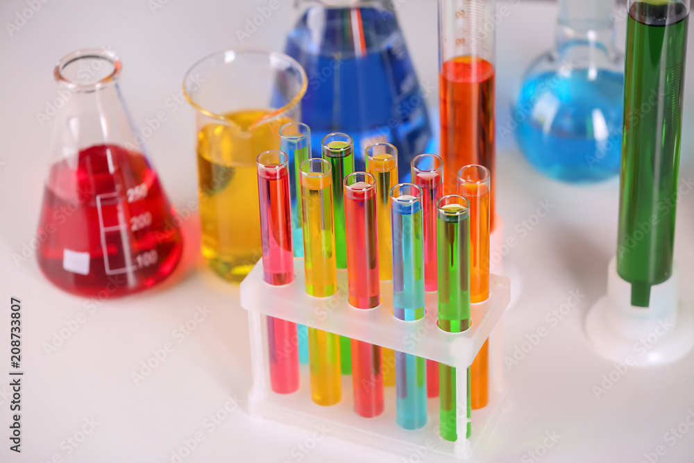 Test tubes with colorful samples in laboratory