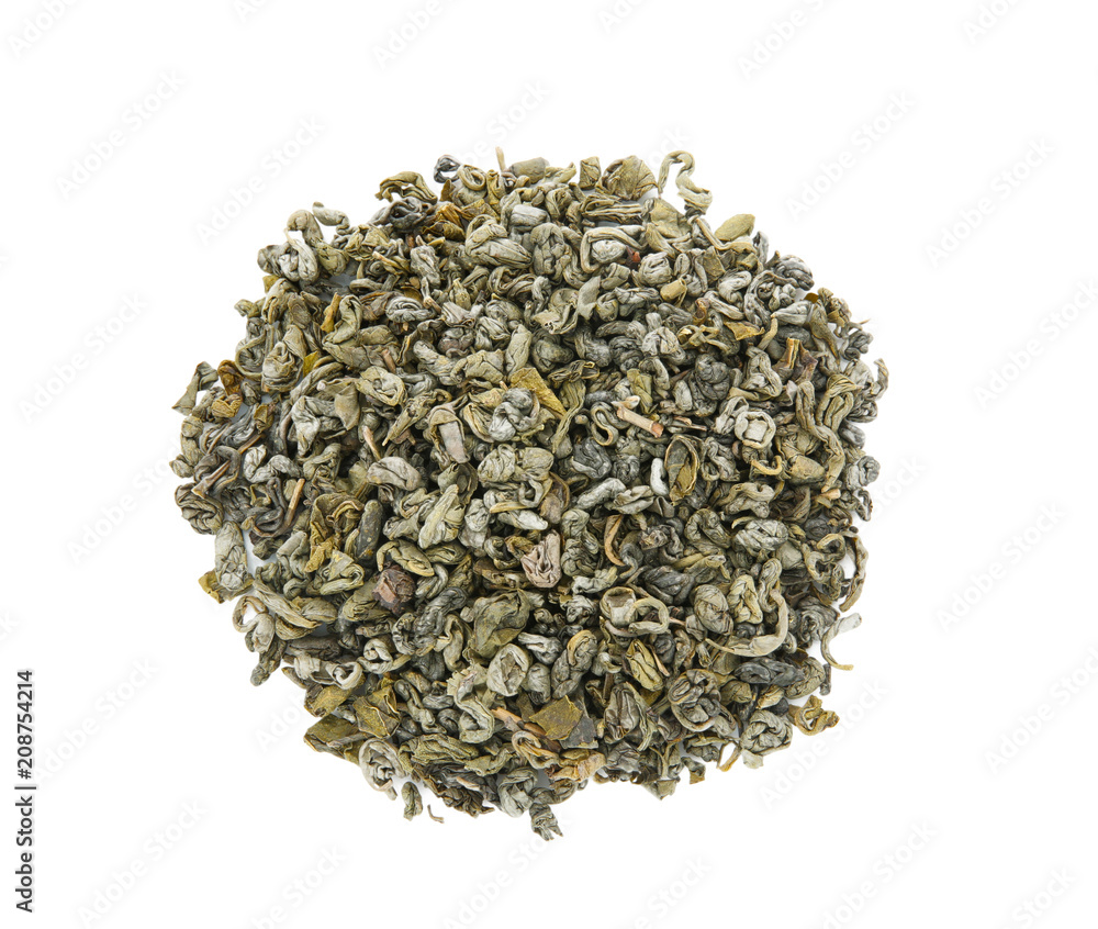 Pile of dry tea on white background, top view