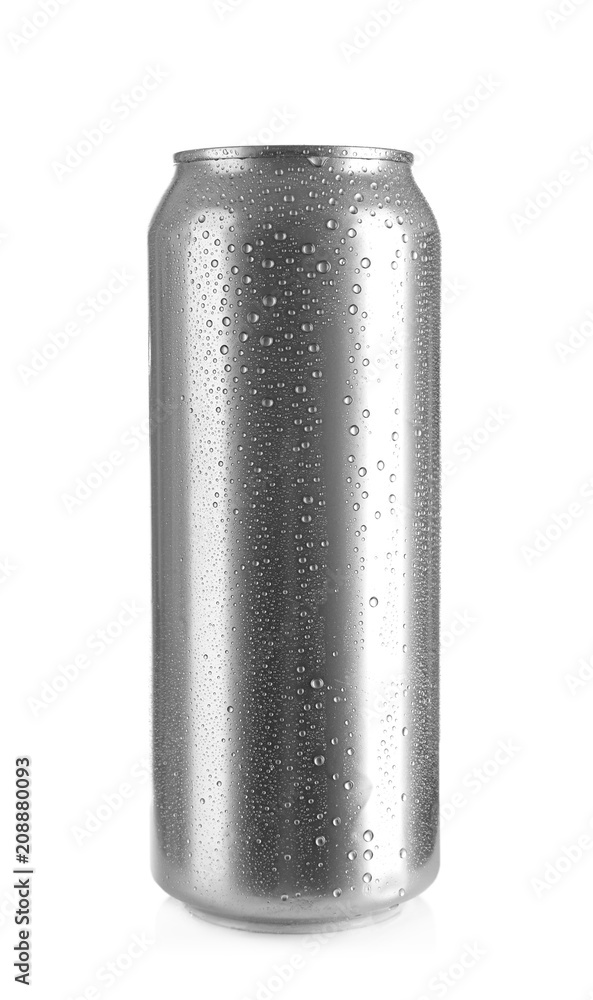 Aluminum can of cold beer on white background