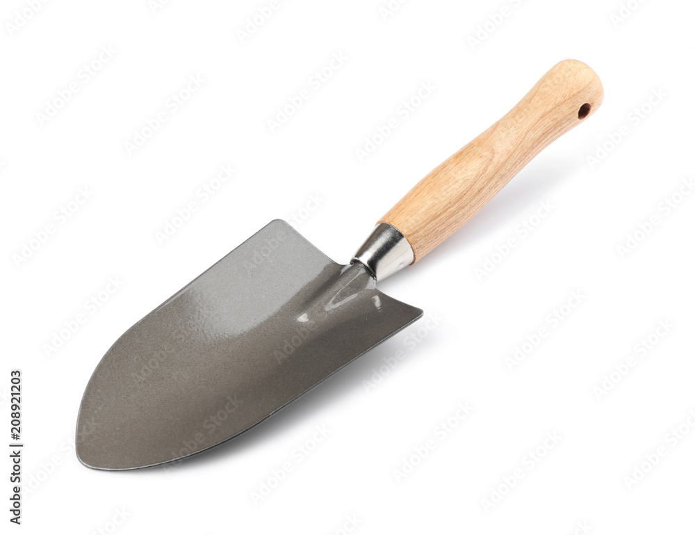 Metal shovel for gardening on white background