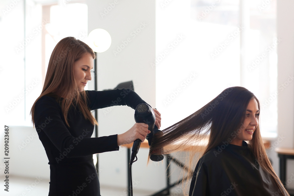 Professional hairdresser working with client in salon