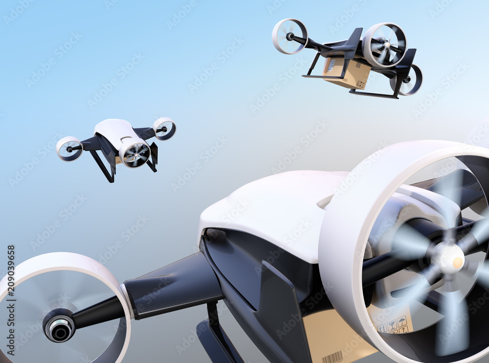 Rear view of white VTOL drones carrying delivery packages flying in the sky. 3D rendering image.