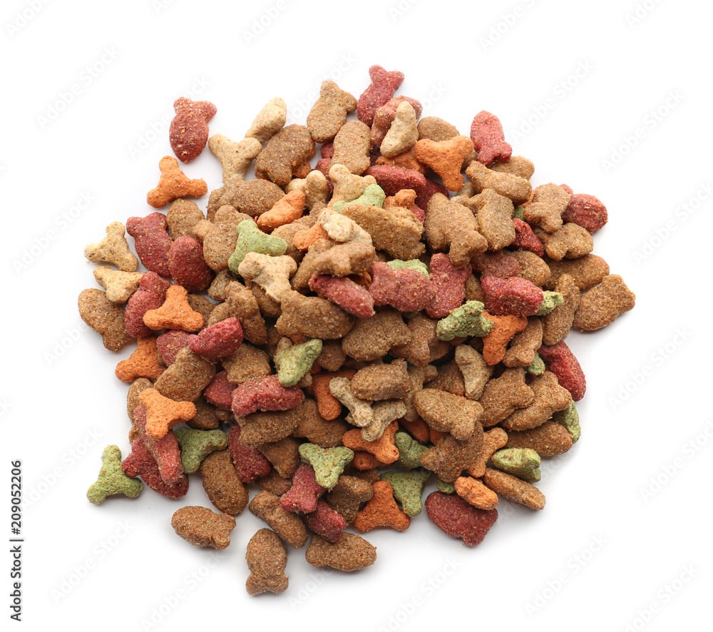 Dry pet food on white background