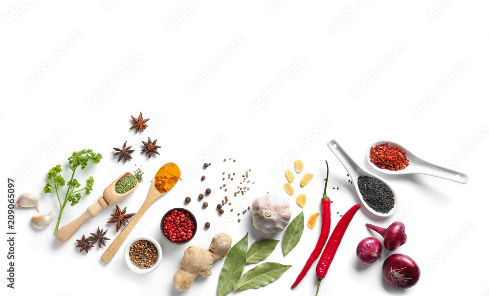 Composition with various spices on white background