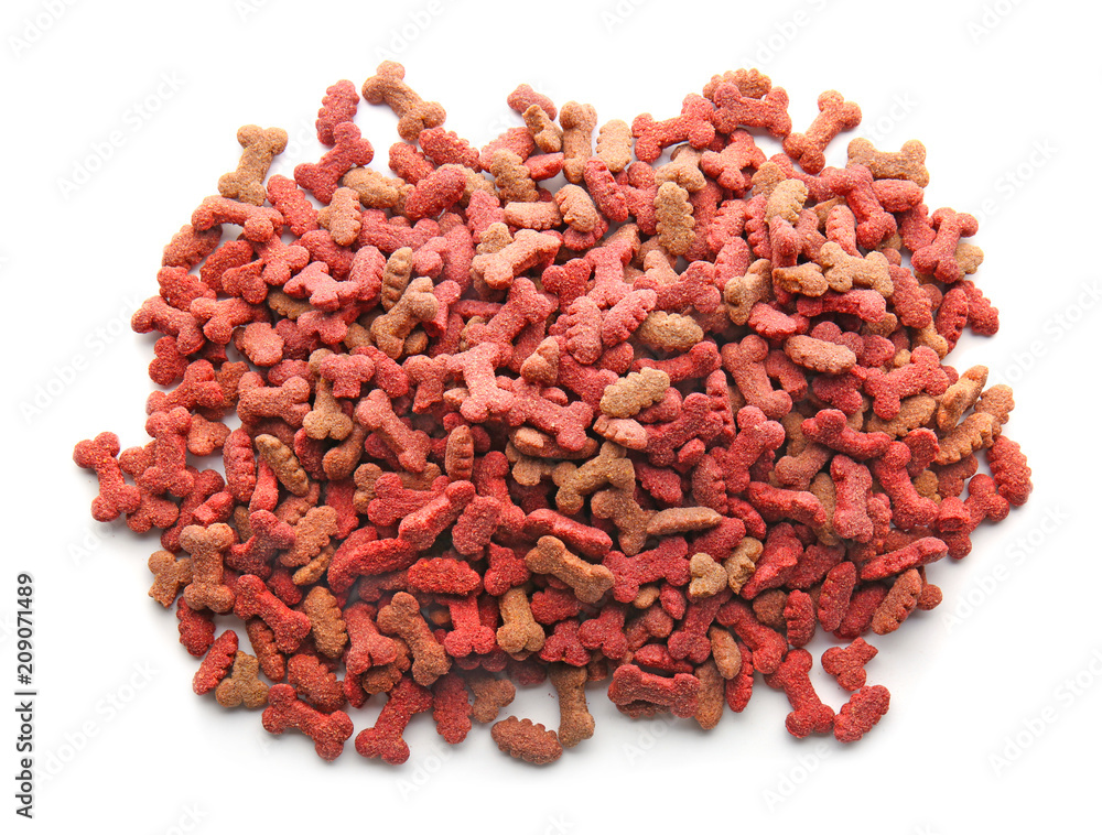 Pile of pet food on white background