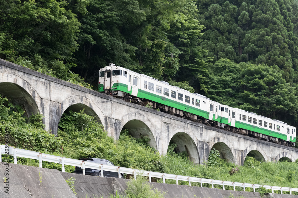 福岛县夏季多山铁路线。