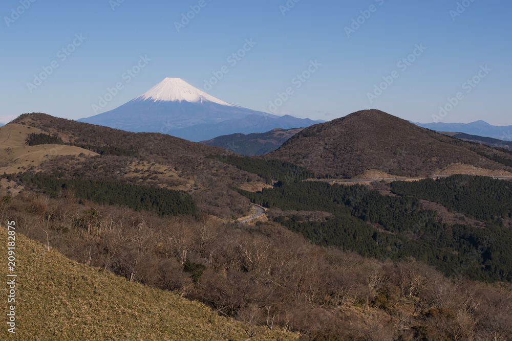 静冈县伊豆市冬季富士山与高山的景色。