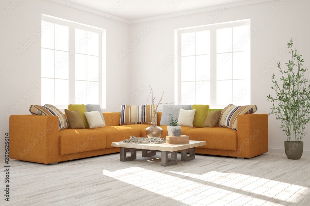 White modern room with orange sofa. Scandinavian interior design. 3D illustration