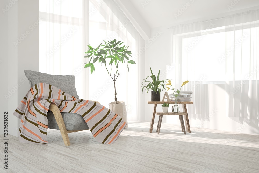 Inspiration of white minimalist room with armchair. Scandinavian interior design. 3D illustration