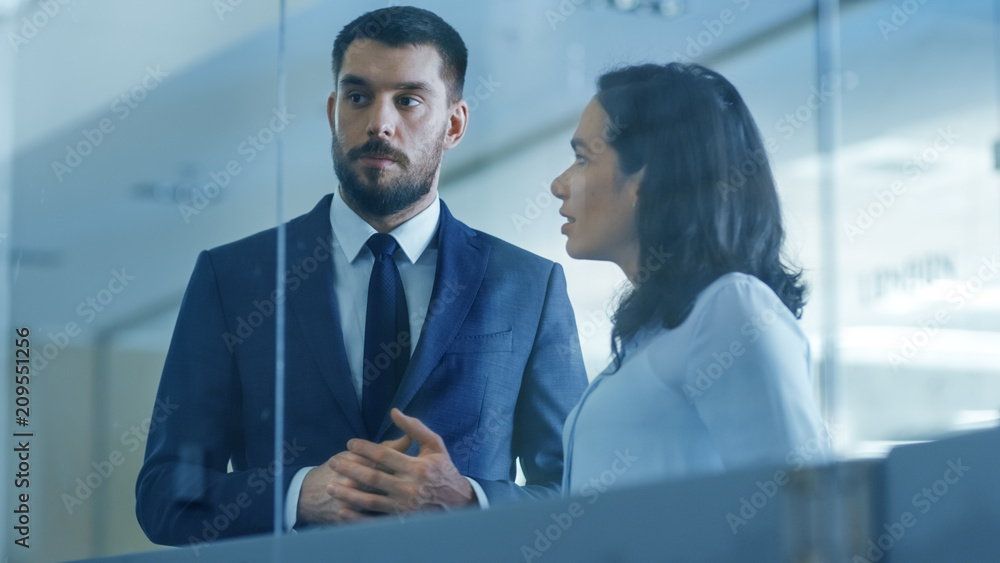 Top Manager and Female Executive Outlining Company Optimization Plan on a Glass Blackboard, Drawing 