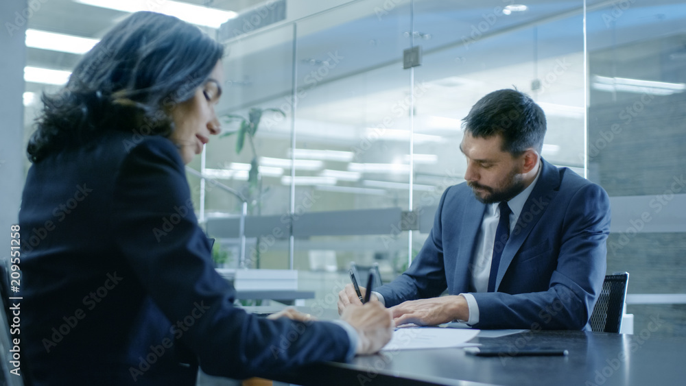 Businesswoman and Businessman Have Conversation. Sign Documents, Draw up a Contract, Seal the Deal, 