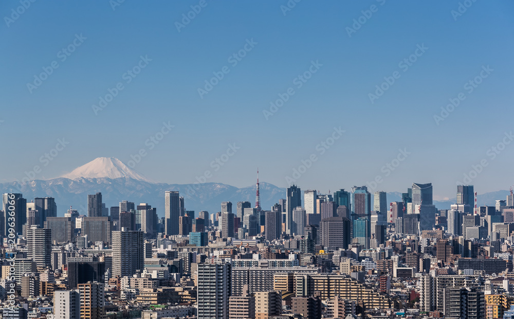 晴朗的日子里，东京城市景观、东京市中心建筑和东京塔地标与富士山