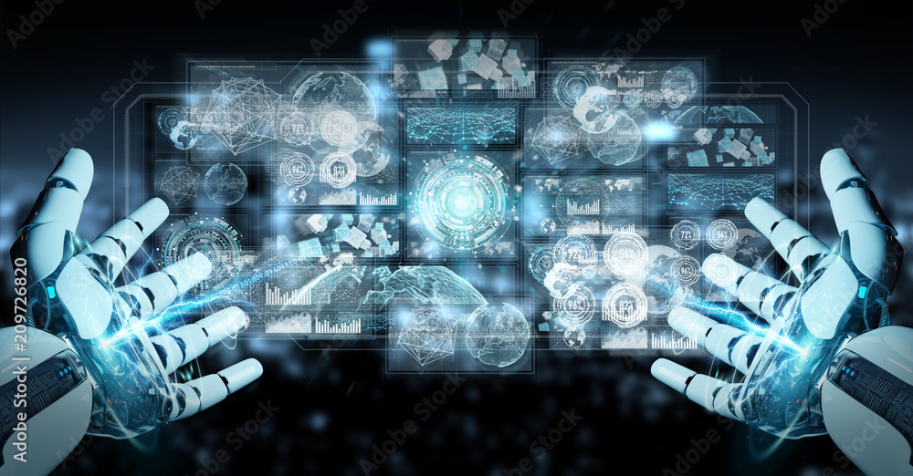 使用数字数据接口的白色机器人手3D渲染