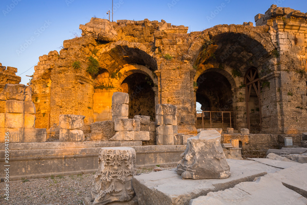 Ruins of the ancient theatre in Side, Turkey