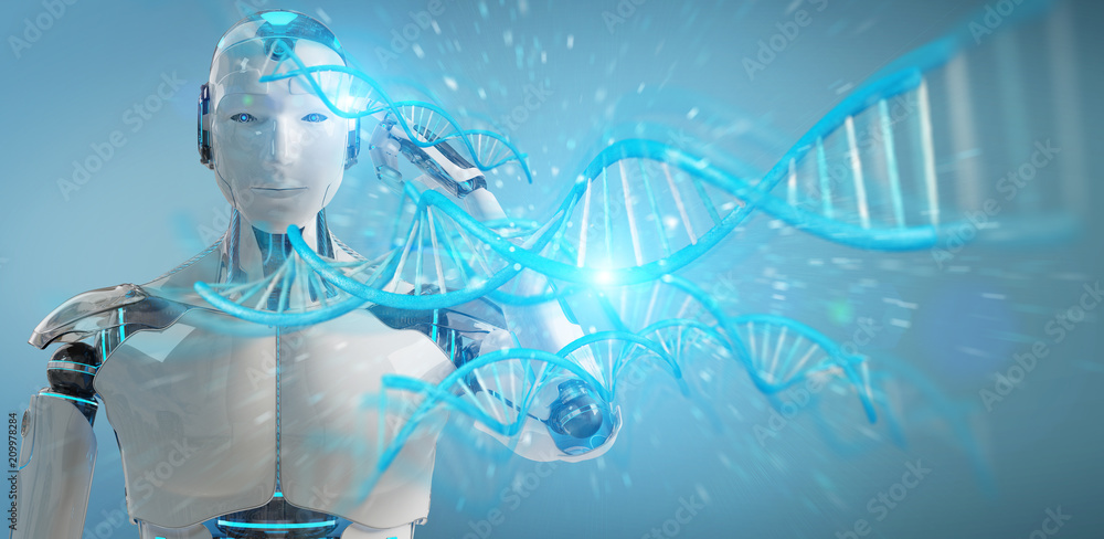 白人男性半机械人扫描人类DNA 3D渲染