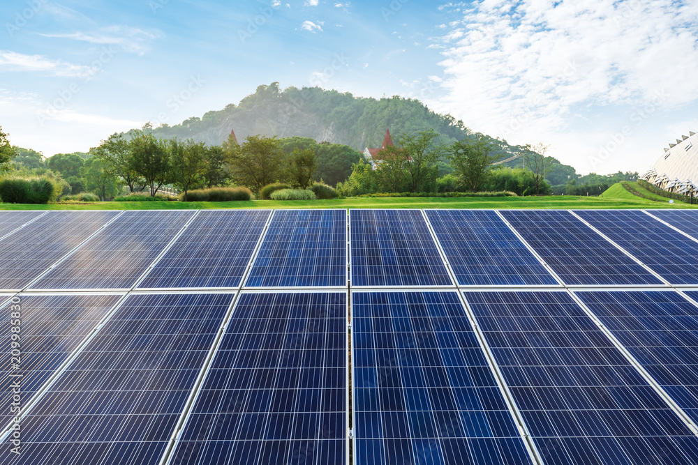 Solar panels and mountains landscape