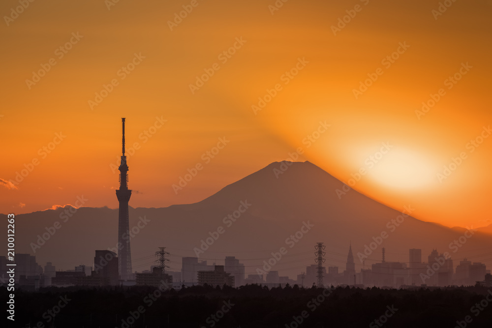 。东京富士钻石与东京天树地标。钻石富士是落日会景。