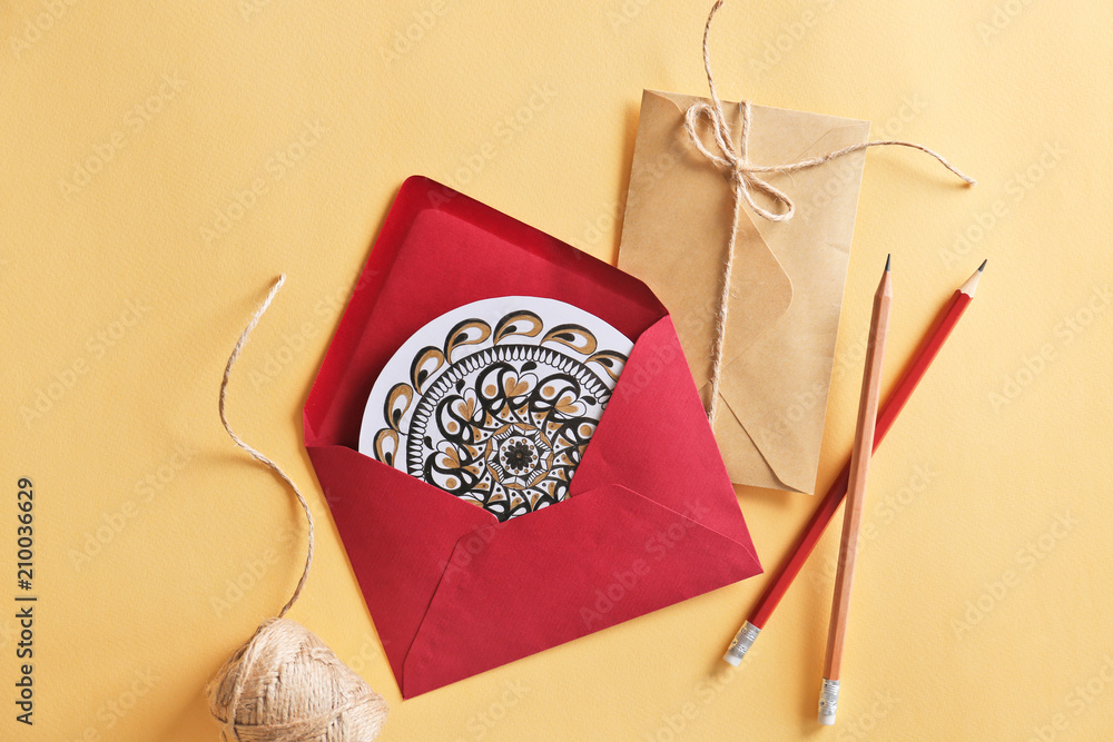 Flat lay composition with envelopes on color background. Mail service