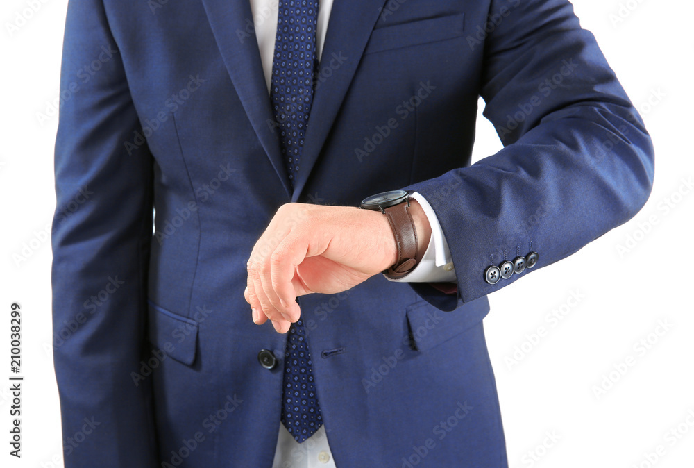 Man with wrist watch against on white background. Time management concept