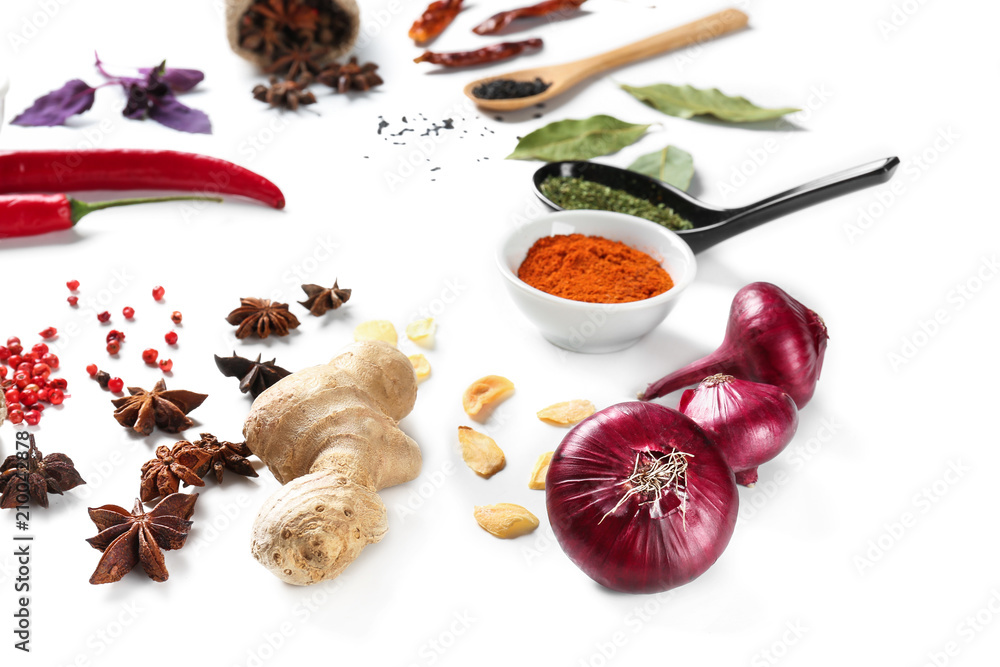 Composition with various spices on white background