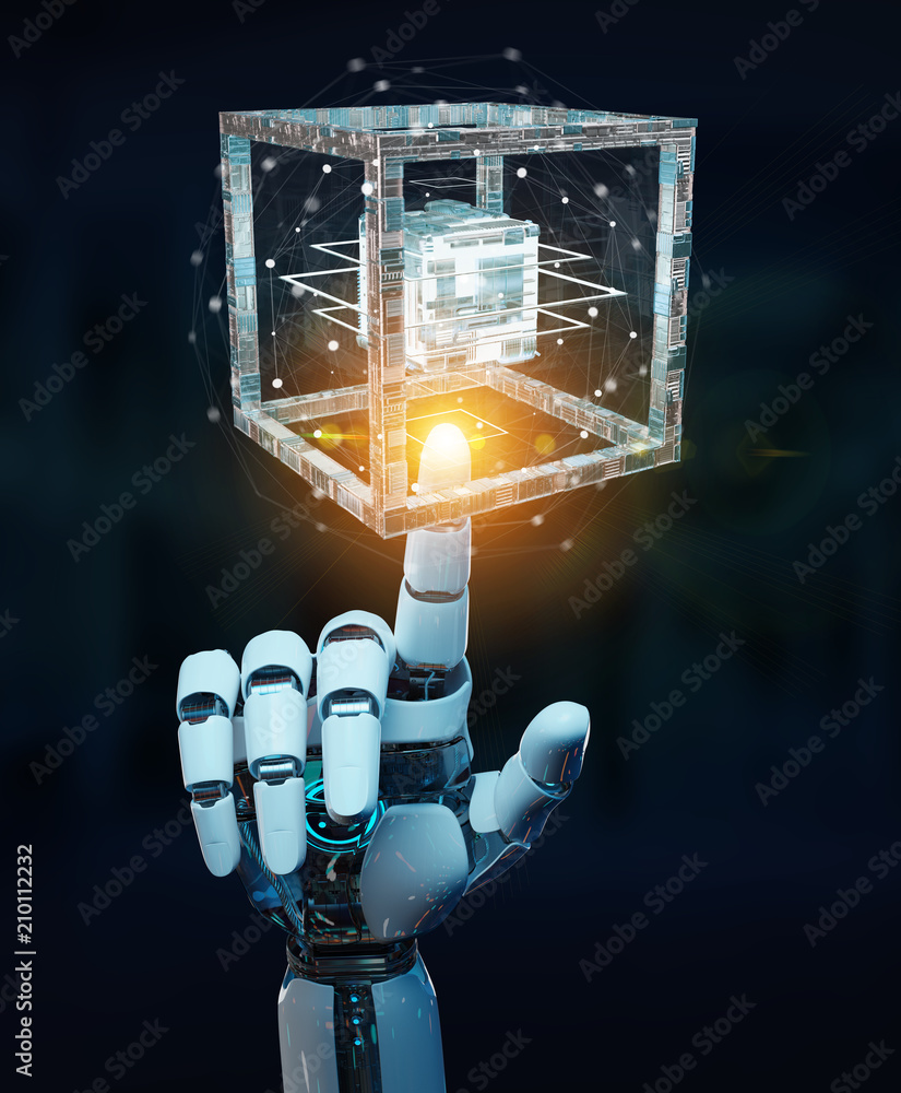 White robot hand creating future technology structure 3D rendering